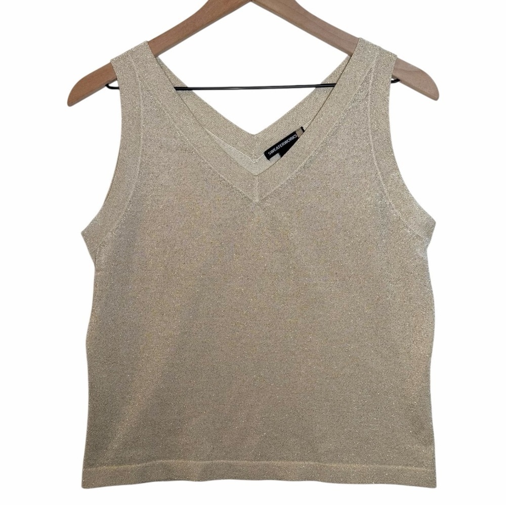Y2K Metallic Silk Gold V-Neck Tank Shimmer Knit Sleeveless Sweaterworks Size L